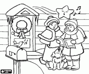 για ζωγραφική Κορίτσια τραγουδούν τα κάλαντα με το σκύλο της, μπροστά από ένα σπίτι